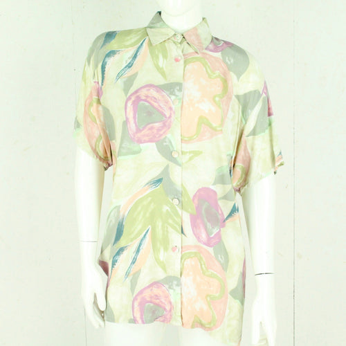 Vintage Bluse Gr. XL beige mehrfarbig gemustert kurzarm pastell