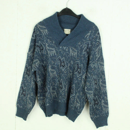 Vintage Pullover mit Wolle Gr. XL blau mehrfarbig Crazy Pattern Strick