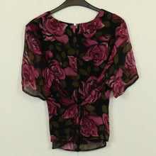 Laden Sie das Bild in den Galerie-Viewer, Vintage Seidenbluse Gr. M schwarz pink Rosen Seide Bluse