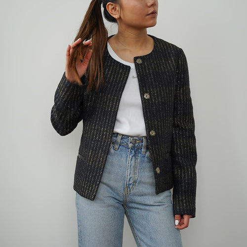 Second Hand TRUSSARDI Jacke Gr. 36 (ital. 40) dunkelblau Glitzer - Blazerjacke (*)
