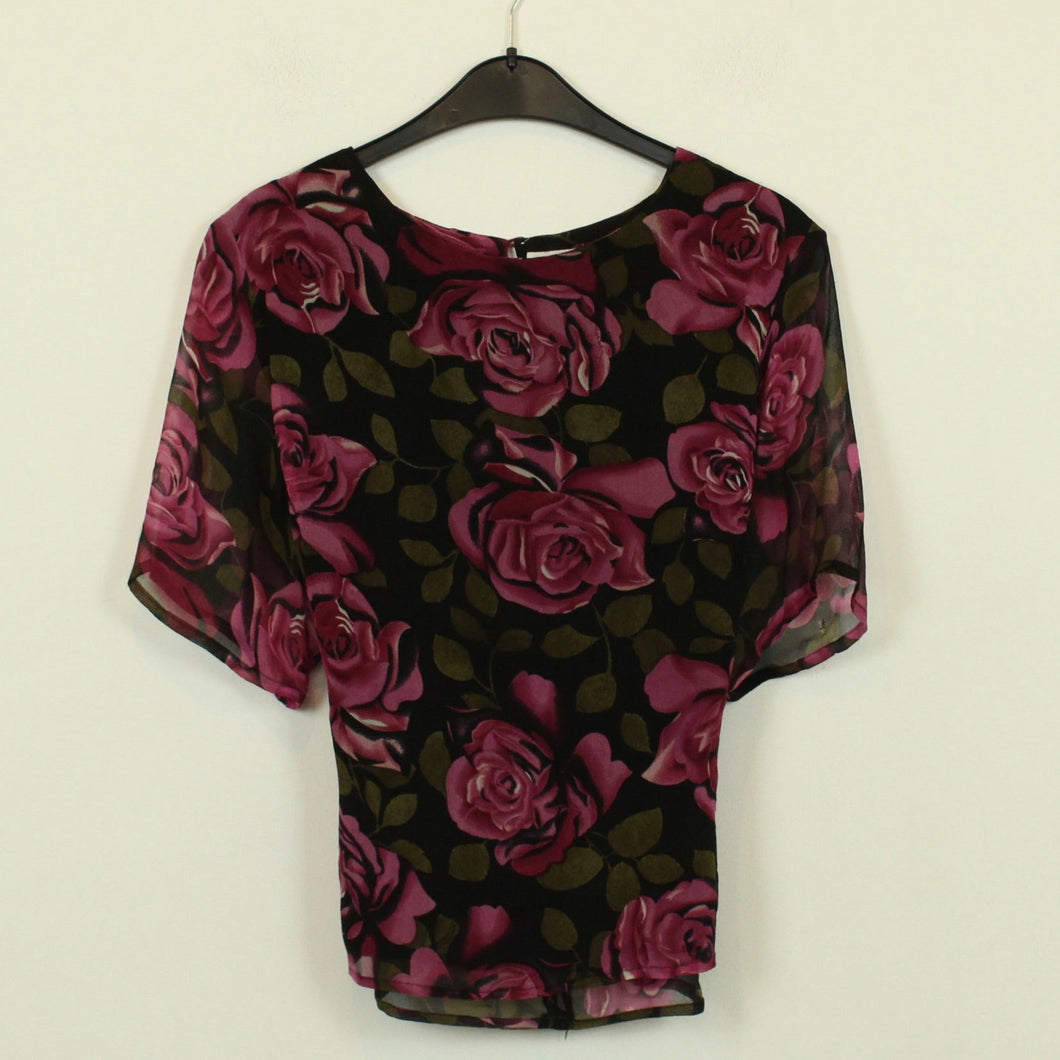 Vintage Seidenbluse Gr. M schwarz pink Rosen Seide Bluse