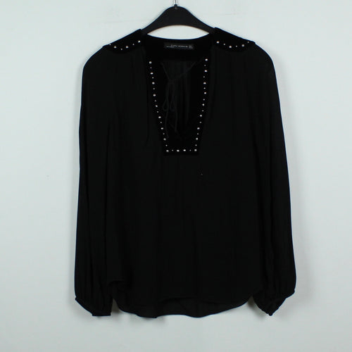 Second Hand ZARA Woman Bluse Gr. S schwarz Nieten Langarmbluse (*)