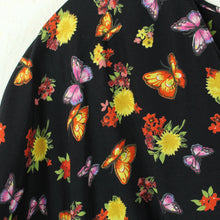 Laden Sie das Bild in den Galerie-Viewer, Vintage Kleid Gr. M schwarz geblümt mit Schmetterlingen Midikleid