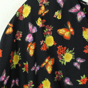 Vintage Kleid Gr. M schwarz geblümt mit Schmetterlingen Midikleid