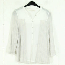 Laden Sie das Bild in den Galerie-Viewer, Second Hand CUSTOMMADE Bluse Gr. S weiß grau silber gestreift Langarm (*)
