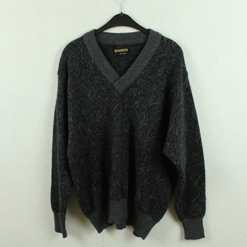 Vintage Wollpullover Gr. L schwarz grau gemustert Strick Pullover