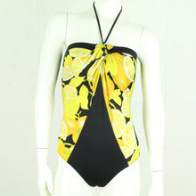 Laden Sie das Bild in den Galerie-Viewer, Vintage Bandeau Badeanzug Gr. M schwarz gelb mehrfarbig Citrus Pattern 80s 90s Beachwear