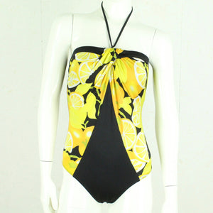 Vintage Bandeau Badeanzug Gr. M schwarz gelb mehrfarbig Citrus Pattern 80s 90s Beachwear