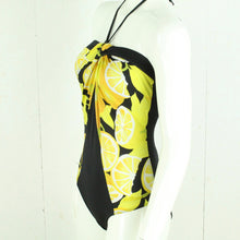 Laden Sie das Bild in den Galerie-Viewer, Vintage Bandeau Badeanzug Gr. M schwarz gelb mehrfarbig Citrus Pattern 80s 90s Beachwear