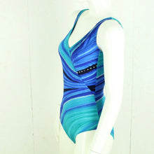 Laden Sie das Bild in den Galerie-Viewer, Vintage Badeanzug Gr. S blau mehrfarbig Glitzer Crazy Pattern 80s 90s Beachwear