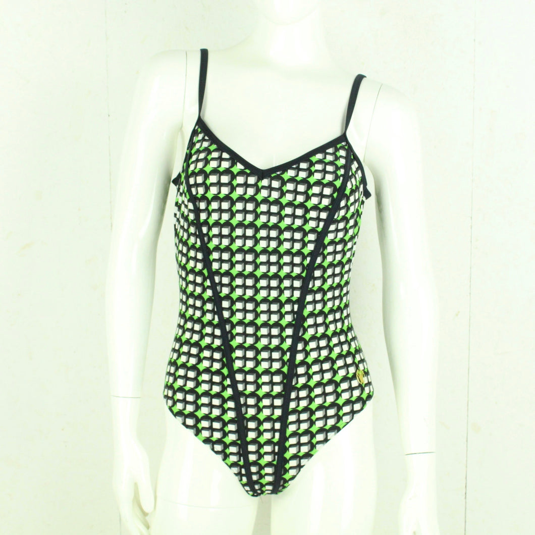 Vintage TRIUMPH Badeanzug Gr. L schwarz grün mehrfarbig Crazy Pattern 80s 90s Beachwear