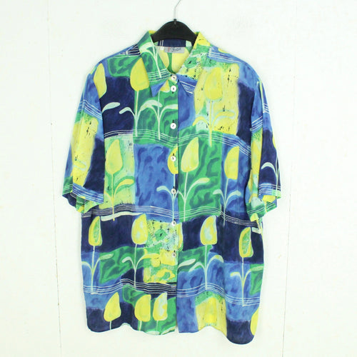 Vintage Bluse Gr. L gelb grün blau gemustert Crazy Pattern kurzarm