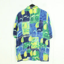 Laden Sie das Bild in den Galerie-Viewer, Vintage Bluse Gr. L gelb grün blau gemustert Crazy Pattern kurzarm