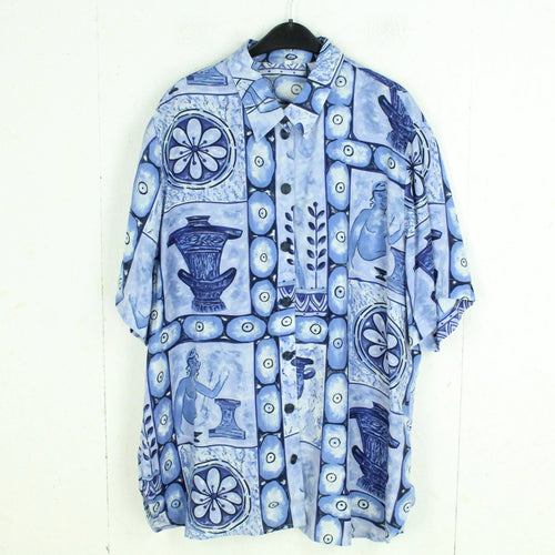 Vintage Bluse Gr. XL blau mehrfarbig gemustert Crazy Pattern kurzarm