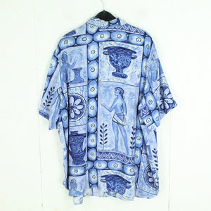 Vintage Bluse Gr. XL blau mehrfarbig gemustert Crazy Pattern kurzarm