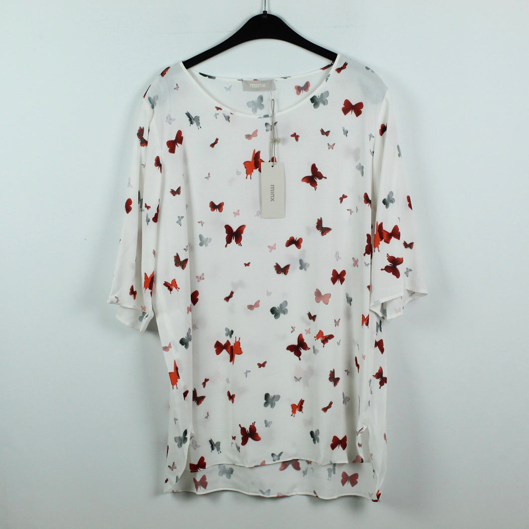 Second Hand MINX Bluse Gr. L weiß Schmetterlinge NEU (*)
