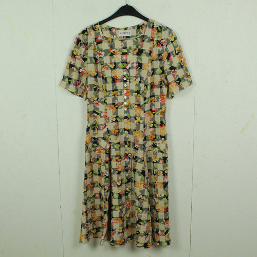 Vintage Kleid Gr. S creme schwarz mehrfarbig Mustermix Midikleid
