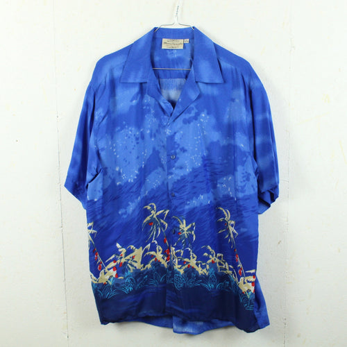 Vintage Hawaii Hemd Gr. L blau mehrfarbig Kurzarm Palmen