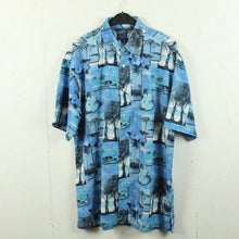 Laden Sie das Bild in den Galerie-Viewer, Vintage Hawaii Hemd Gr. L hellblau blau Blumen Palmen Kurzarm