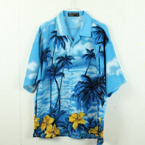 Vintage Hawaii Hemd Gr. L hellblau gelb Palmen
