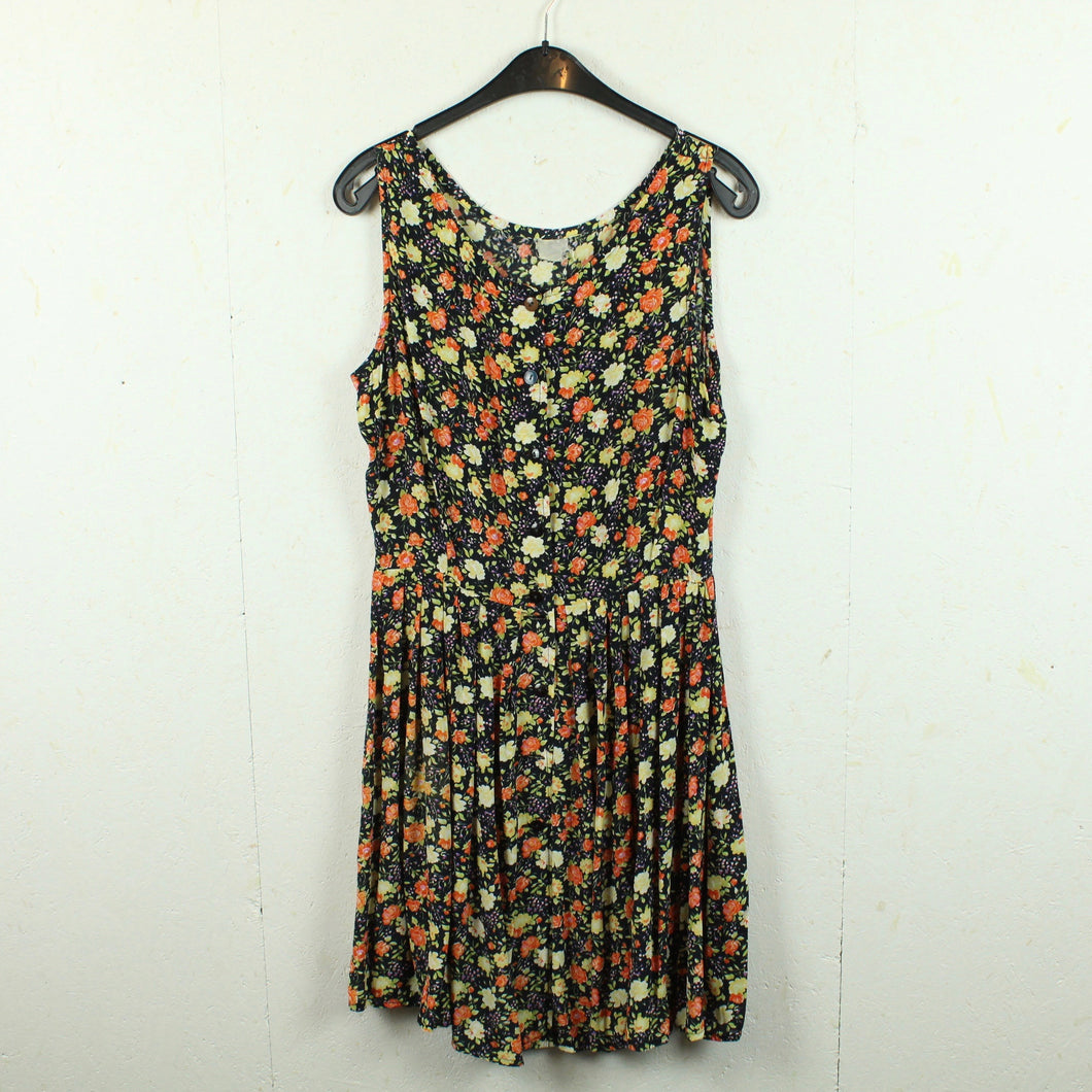 Vintage Kleid Gr. M schwarz orange mehrfarbig geblümt Midikleid