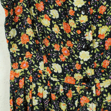 Laden Sie das Bild in den Galerie-Viewer, Vintage Kleid Gr. M schwarz orange mehrfarbig geblümt Midikleid