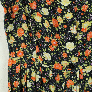 Vintage Kleid Gr. M schwarz orange mehrfarbig geblümt Midikleid