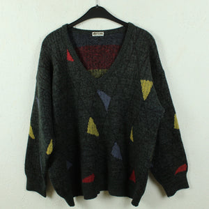 Vintage Pullover mit Wolle Gr. M anthrazit mehrfarbig V-Neck