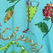 Laden Sie das Bild in den Galerie-Viewer, Vintage Tank Top Gr. S türkis mit Pailetten &quot;Cheers&quot;