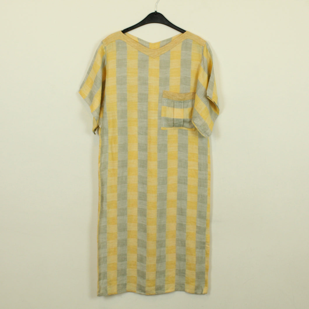 Vintage Leinenkleid Gr. 38 gelb grau Querstreifen Midikleid