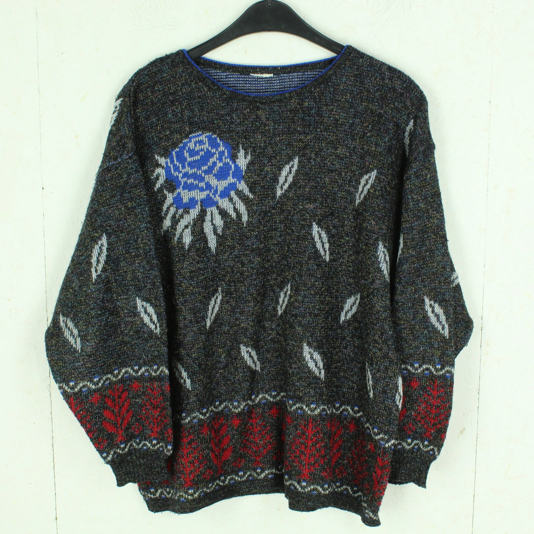 Vintage Pullover Gr. M anthrazit mehrfarbig Motiv: Rose Blätter