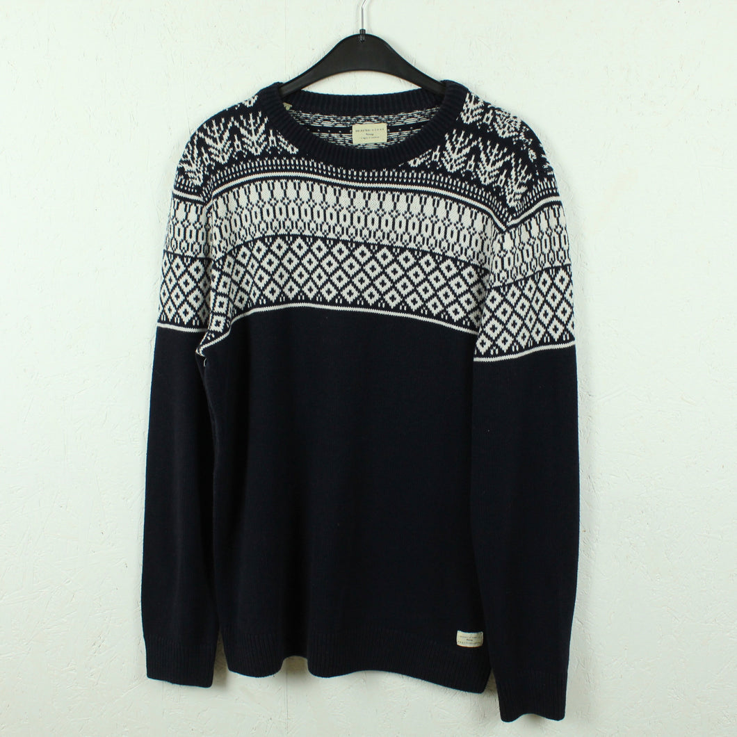 Second Hand SELECTED HOMME Pullover Gr. L blau weiß Norweger Muster Strick (*)