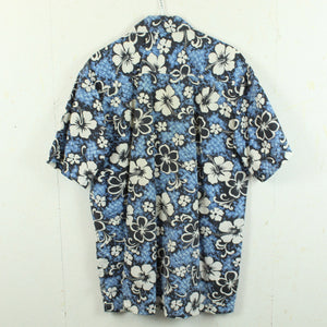 Vintage Hawaii Hemd Gr. XL blau schwarz weiß Blumen Kurzarm