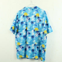 Laden Sie das Bild in den Galerie-Viewer, Vintage Hawaii Hemd Gr. M hellblau bunt Sonne Palmen Kurzarm