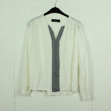 Laden Sie das Bild in den Galerie-Viewer, Second Hand PREPAIR Bluse Gr. M weiß schwarz Applikationen Langarmbluse (*)