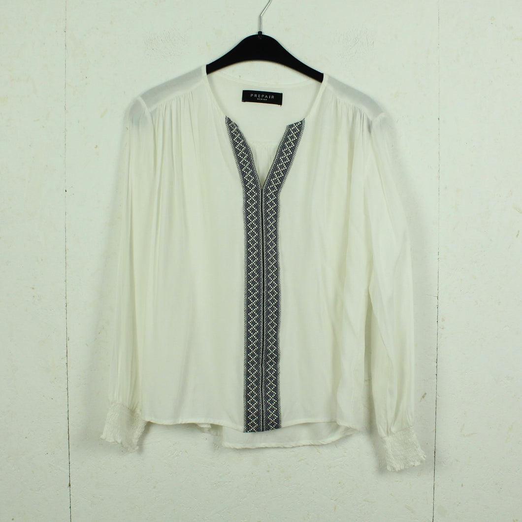 Second Hand PREPAIR Bluse Gr. M weiß schwarz Applikationen Langarmbluse (*)