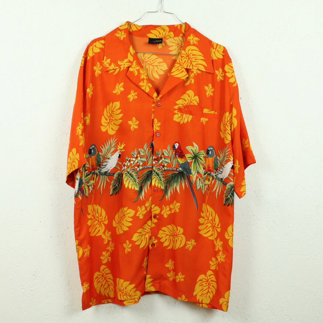 Vintage Hawaii Hemd Gr. L rot gelb mehrfarbig Papagei Kurzarm