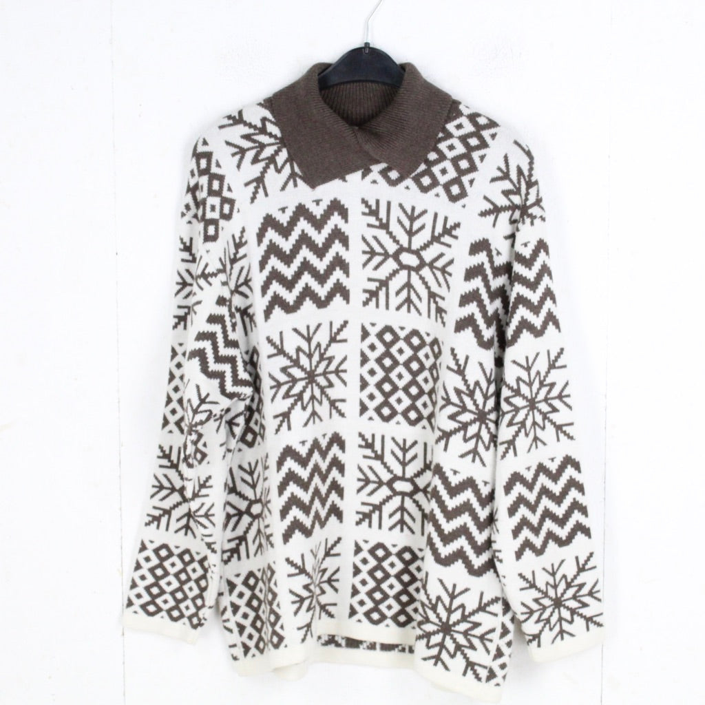Vintage Pullover Female mit Wolle Gr. M weiß braun gemustert Schneeflocken Strick